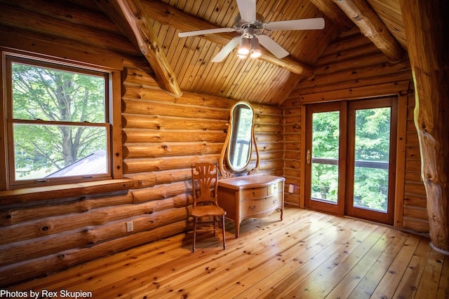 4585 W Arrowhead Dr, White Cloud, MI 49349 - living area with plenty of natural light, wooden ceiling, hardwood / wood-style flooring, ceiling fan, and log walls