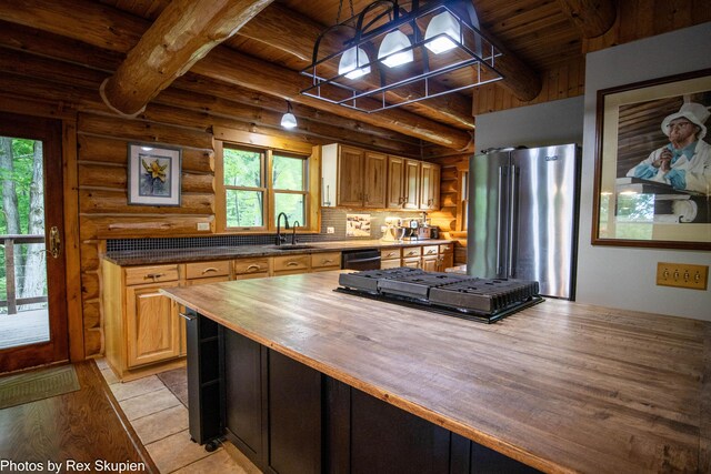 4585 W Arrowhead Dr, White Cloud, MI 49349 - kitchen featuring wooden counters, black appliances, a wooden ceiling with exposed beams, log walls, and backsplash
