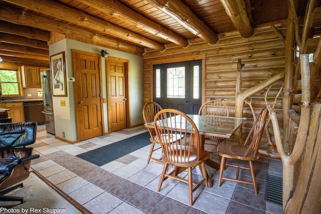 4585 W Arrowhead Dr, White Cloud, MI 49349 - dining room featuring a wooden ceiling with exposed beams, log walls, and light tile patterned flooring