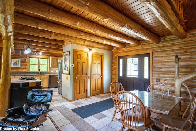 4585 W Arrowhead Dr, White Cloud, MI 49349 - dining space featuring a wood ceiling with exposed beams, light tile patterned floors, and rustic walls