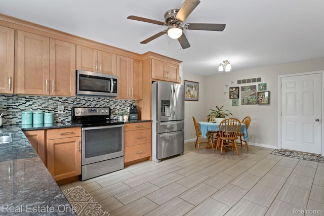 438 Oakgrove Ct, Clawson, MI 48017 - kitchen featuring appliances with stainless steel finishes, backsplash, a ceiling fan, and dark stone counters