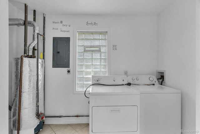 5941 Ziegler St, Taylor, MI 48180 - laundry area with electric panel, washer and clothes dryer, light tile patterned floors, and water heater