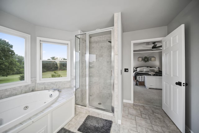 874 Pinecrest, Dexter, MI 48130 - full bathroom with a jetted tub, a stall shower, ceiling fan, and ensuite bathroom