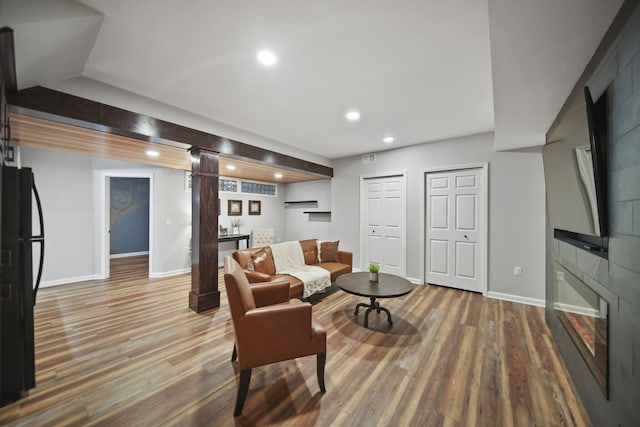 874 Pinecrest, Dexter, MI 48130 - living room with wood finished floors, recessed lighting, and ornate columns