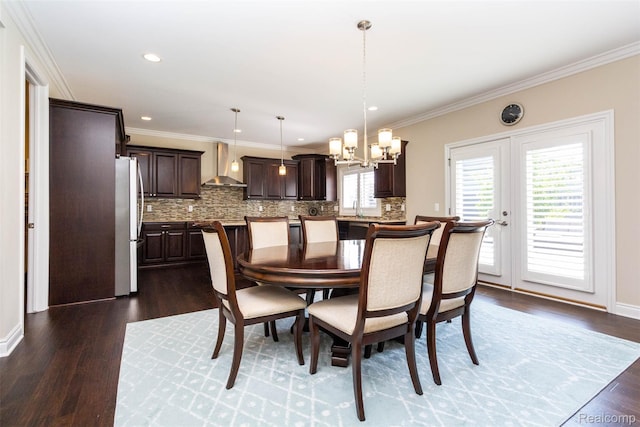 48913 Pinebrook Dr, Utica, MI 48315 - dining area featuring a chandelier, dark wood finished floors, crown molding, and recessed lighting