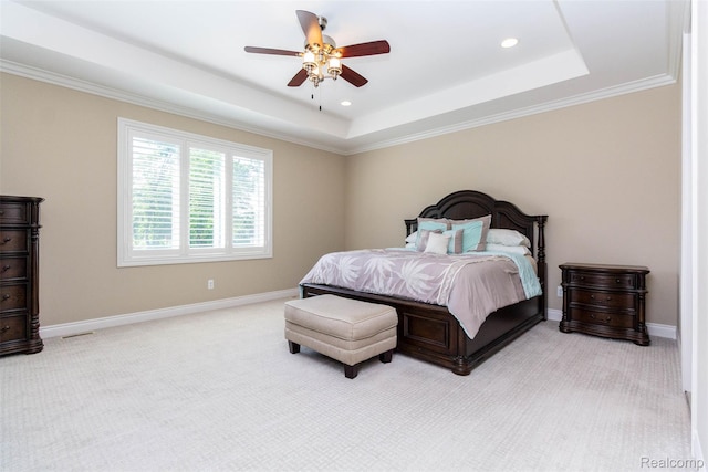 48913 Pinebrook Dr, Utica, MI 48315 - bedroom featuring a tray ceiling, light colored carpet, recessed lighting, a ceiling fan, and crown molding