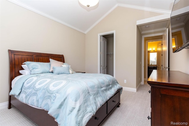 48913 Pinebrook Dr, Utica, MI 48315 - bedroom featuring light colored carpet, lofted ceiling, a spacious closet, crown molding, and a closet