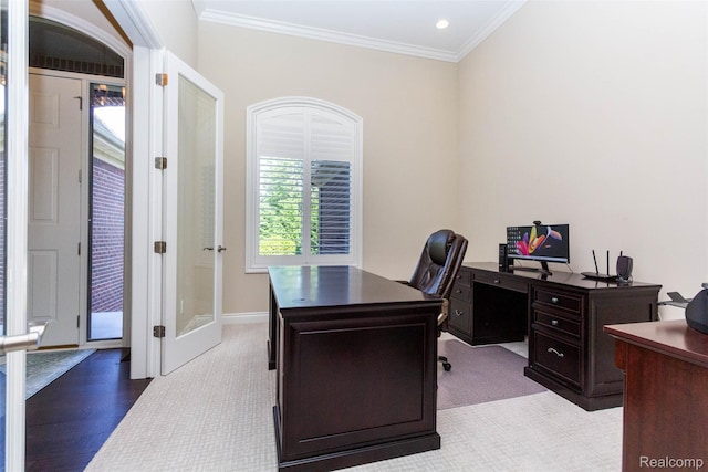 48913 Pinebrook Dr, Utica, MI 48315 - office space with ornamental molding, french doors, recessed lighting, and light colored carpet