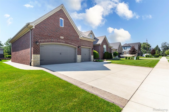 48913 Pinebrook Dr, Utica, MI 48315 - view of front of property featuring brick siding, driveway, a front yard, an attached garage, and stone siding