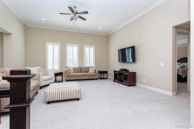 48913 Pinebrook Dr, Utica, MI 48315 - living area with a ceiling fan, light colored carpet, crown molding, and recessed lighting