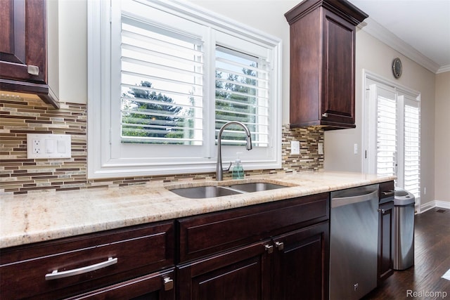 48913 Pinebrook Dr, Utica, MI 48315 - kitchen with dishwasher, dark brown cabinetry, light stone countertops, crown molding, and tasteful backsplash