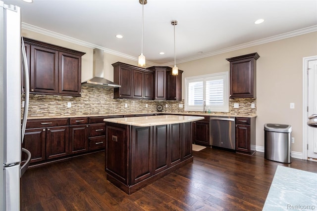 48913 Pinebrook Dr, Utica, MI 48315 - kitchen with wall chimney range hood, dishwasher, tasteful backsplash, dark brown cabinets, and dark wood-type flooring