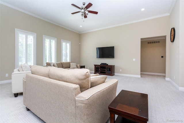 48913 Pinebrook Dr, Utica, MI 48315 - living area featuring light colored carpet, a ceiling fan, ornamental molding, and recessed lighting