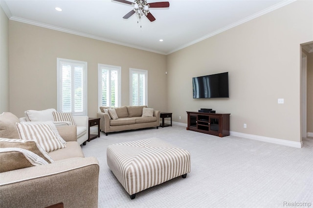 48913 Pinebrook Dr, Utica, MI 48315 - living area with ceiling fan, crown molding, light colored carpet, and recessed lighting