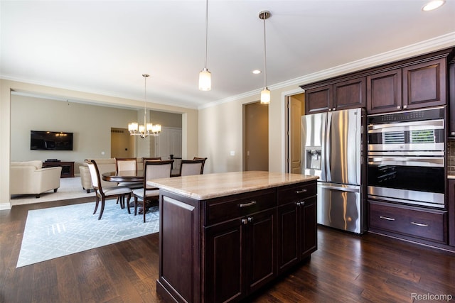 48913 Pinebrook Dr, Utica, MI 48315 - kitchen with stainless steel appliances, a chandelier, crown molding, dark wood-style flooring, and recessed lighting