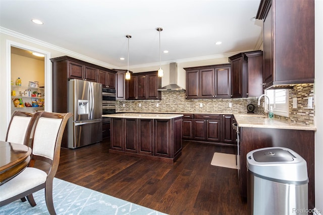 48913 Pinebrook Dr, Utica, MI 48315 - kitchen with wall chimney range hood, stainless steel appliances, dark wood finished floors, light countertops, and crown molding