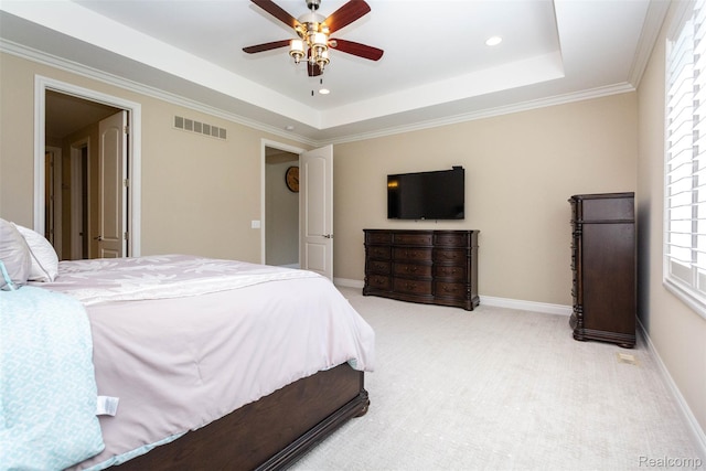 48913 Pinebrook Dr, Utica, MI 48315 - bedroom featuring a raised ceiling, multiple windows, light carpet, ceiling fan, and recessed lighting