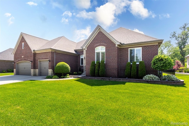 48913 Pinebrook Dr, Utica, MI 48315 - view of front facade with brick siding, a garage, a front lawn, concrete driveway, and roof with shingles