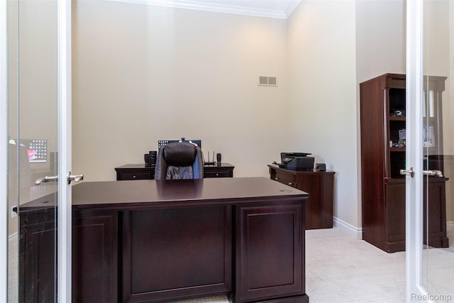 48913 Pinebrook Dr, Utica, MI 48315 - carpeted home office with crown molding and french doors