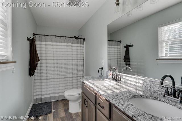 453 Angle Rd, Lapeer, MI 48446 - full bath with wood finished floors, double vanity, and a shower with shower curtain