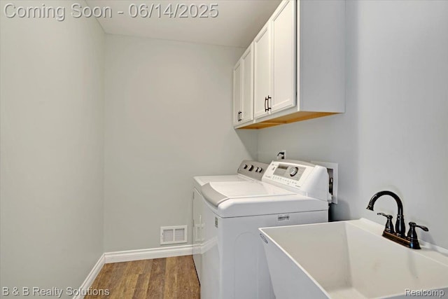453 Angle Rd, Lapeer, MI 48446 - laundry room featuring washing machine and dryer, cabinet space, and wood finished floors