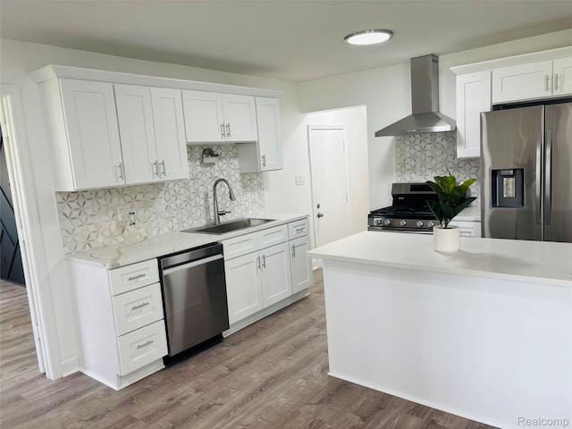 26046 Eureka Dr, Warren, MI 48091 - kitchen featuring wall chimney exhaust hood, stainless steel appliances, wood finished floors, and backsplash