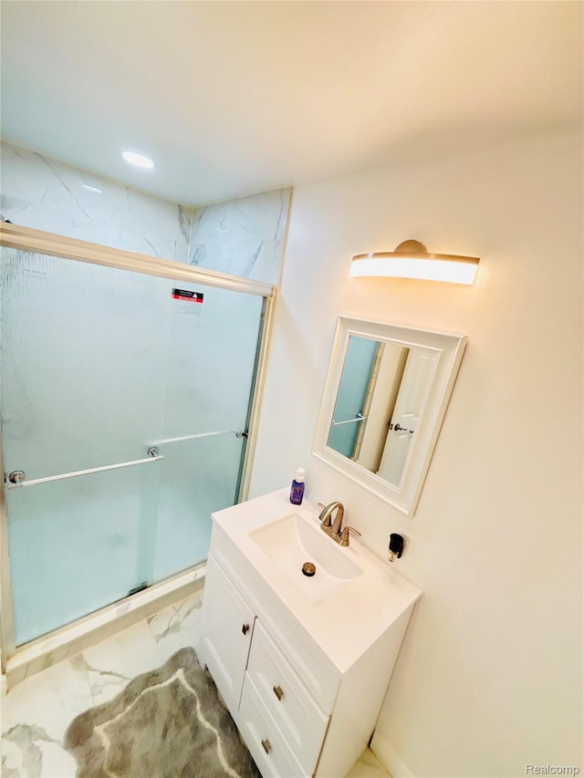 26046 Eureka Dr, Warren, MI 48091 - full bath with vanity, marble finish floors, and a stall shower