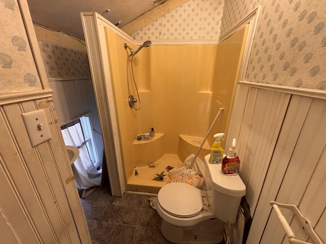 1407 Michigan Ave, Alma, MI 48801 - full bath with wallpapered walls, a wainscoted wall, and a shower stall