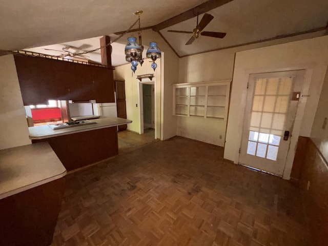 1407 Michigan Ave, Alma, MI 48801 - kitchen featuring a ceiling fan, an office area, high vaulted ceiling, a chandelier, and beamed ceiling