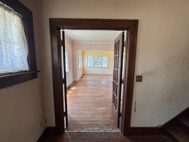 1407 Michigan Ave, Alma, MI 48801 - hallway featuring wood finished floors and ornamental molding