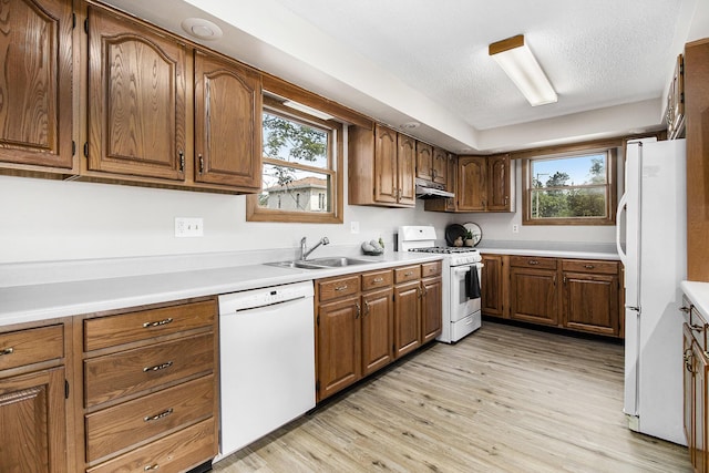 140 W Corey St, Bronson, MI 49028 - kitchen with white appliances, under cabinet range hood, light wood-style floors, light countertops, and brown cabinetry