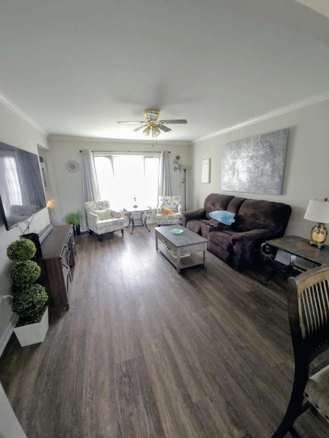 24825 Timber Ridge Trl, Flat Rock, MI 48134 - living area with wood finished floors, crown molding, and a ceiling fan