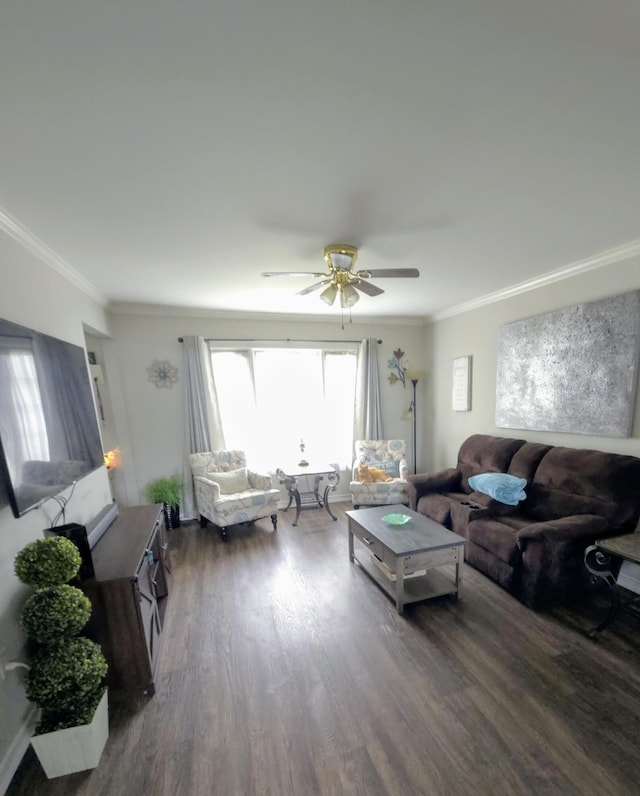 24825 Timber Ridge Trl, Flat Rock, MI 48134 - living room featuring wood finished floors, ceiling fan, and ornamental molding