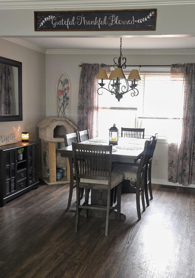 24825 Timber Ridge Trl, Flat Rock, MI 48134 - dining area with a chandelier, dark wood finished floors, and ornamental molding