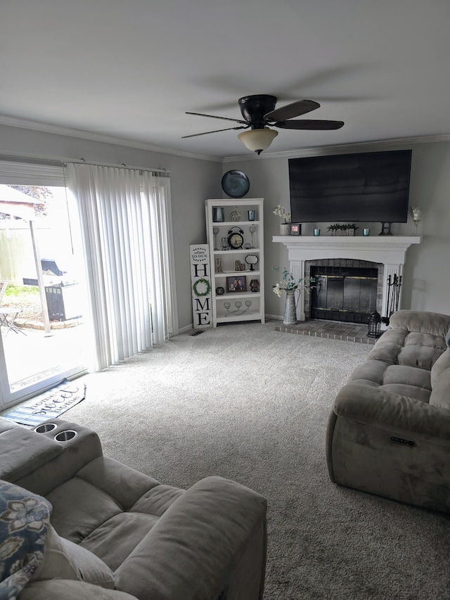 24825 Timber Ridge Trl, Flat Rock, MI 48134 - living room with crown molding, carpet, ceiling fan, and a brick fireplace