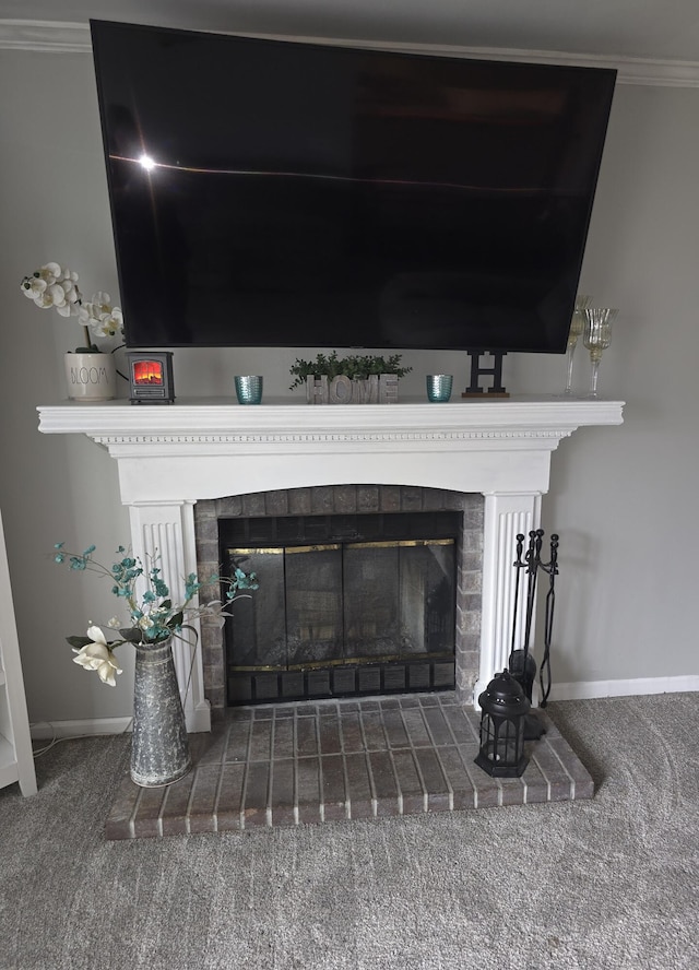 24825 Timber Ridge Trl, Flat Rock, MI 48134 - detailed view of a fireplace, carpet flooring, and ornamental molding