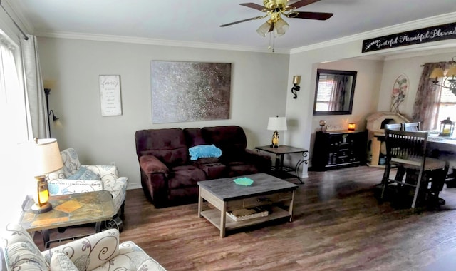 24825 Timber Ridge Trl, Flat Rock, MI 48134 - living room featuring wood finished floors, ceiling fan, and ornamental molding