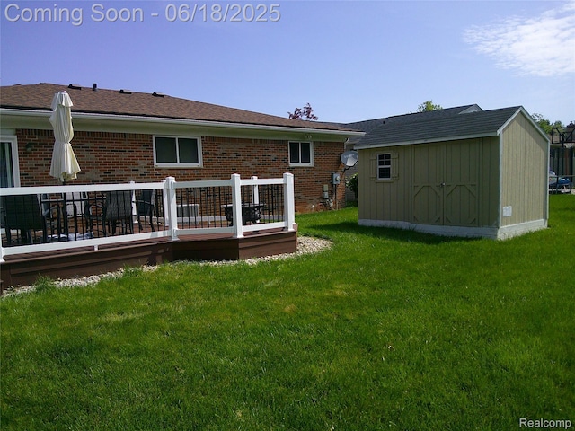 20329 Churchill Ave, Trenton, MI 48183 - rear view of property featuring a deck, a lawn, brick siding, and a shed