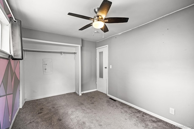 2263 Overridge Ave, Waterford, MI 48327 - unfurnished bedroom featuring carpet floors, a closet, electric panel, and a ceiling fan