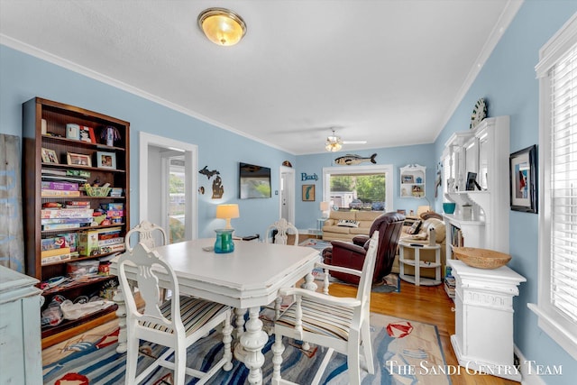 508 Fulton St, Grand Haven, MI 49417 - dining room with crown molding, a ceiling fan, and light wood-style flooring