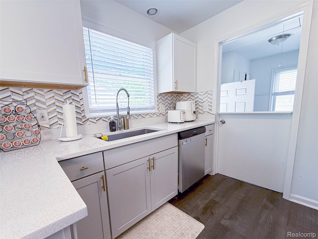 21110 Van Buren St, Southfield, MI 48033 - kitchen featuring dishwasher, dark wood finished floors, decorative backsplash, and white cabinetry