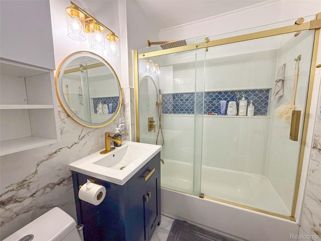 21110 Van Buren St, Southfield, MI 48033 - full bathroom featuring vanity, shower / bath combination with glass door, and tile walls