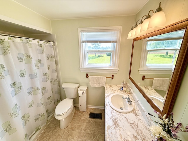 16130 Addison Rd, Addison, MI 49220 - bathroom with plenty of natural light, vanity, tile patterned flooring, ornamental molding, and a shower with shower curtain