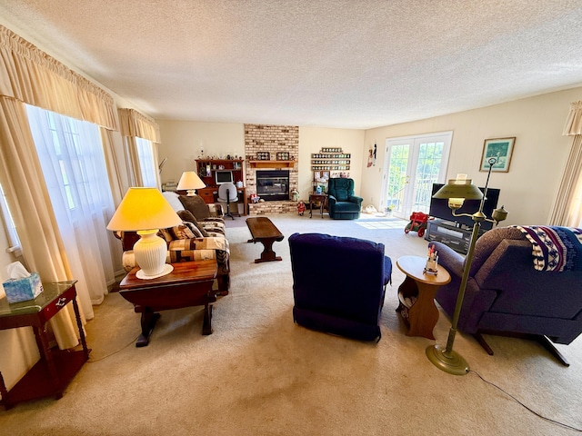 16130 Addison Rd, Addison, MI 49220 - living area with carpet flooring, a textured ceiling, and a brick fireplace