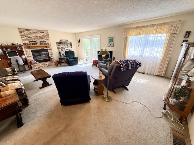 16130 Addison Rd, Addison, MI 49220 - carpeted living area with a textured ceiling and a brick fireplace