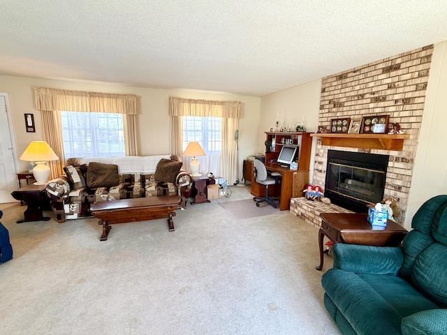 16130 Addison Rd, Addison, MI 49220 - living area featuring a textured ceiling, carpet floors, and a fireplace