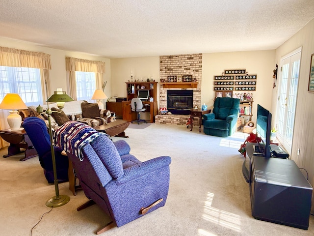 16130 Addison Rd, Addison, MI 49220 - carpeted living area with a textured ceiling and a brick fireplace