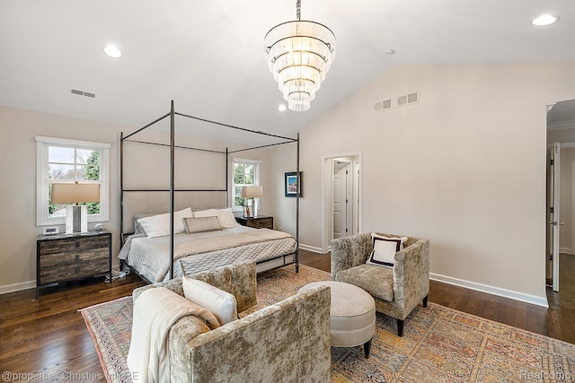 1174 Lakeside Dr, Birmingham, MI 48009 - bedroom with a chandelier, lofted ceiling, wood finished floors, and recessed lighting