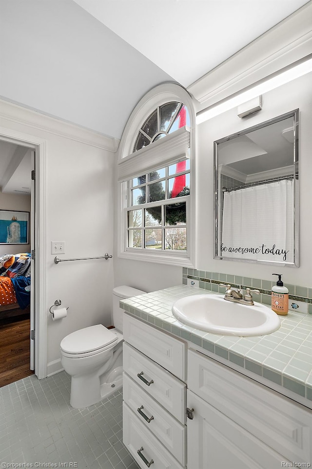 1174 Lakeside Dr, Birmingham, MI 48009 - bathroom with vanity, tile patterned flooring, and vaulted ceiling