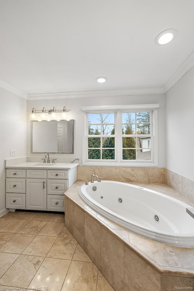 1174 Lakeside Dr, Birmingham, MI 48009 - bathroom with crown molding, vanity, and a tub with jets